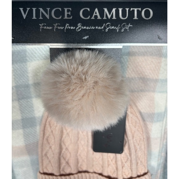 Vince Camuto Womens Pink Cable Knit Beanie and Plaid Scarf Set Faux Fur Pom - Picture 2 of 5